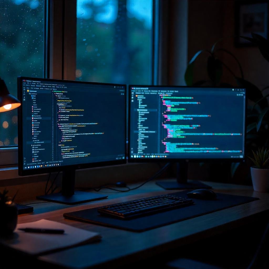 web development workspace with multiple monitors showing code